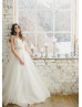 Cap Sleeve Ivory Lace Tulle Wedding Dress With Beaded Ribbon